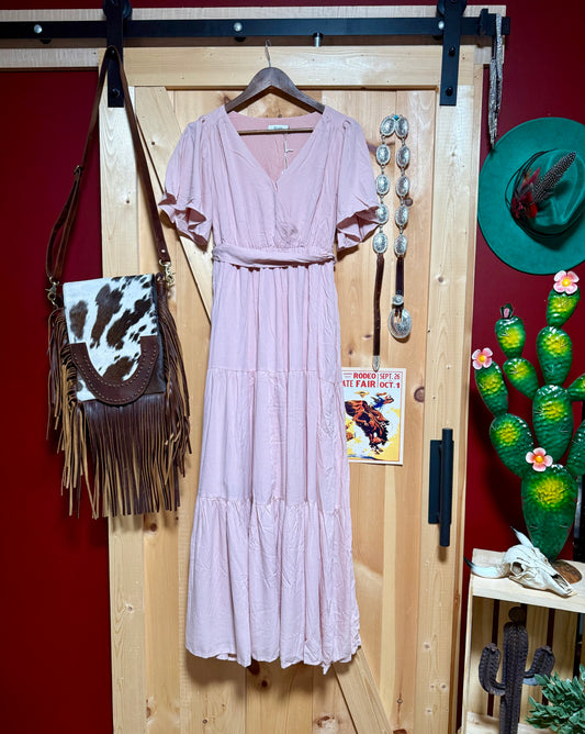 Wrap Tiered Maxi Sundress with Lining in Rose