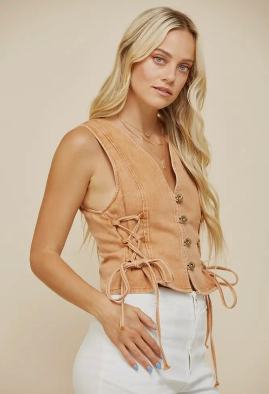 Rust Boho Denim Vest Top with Lace Up Sides