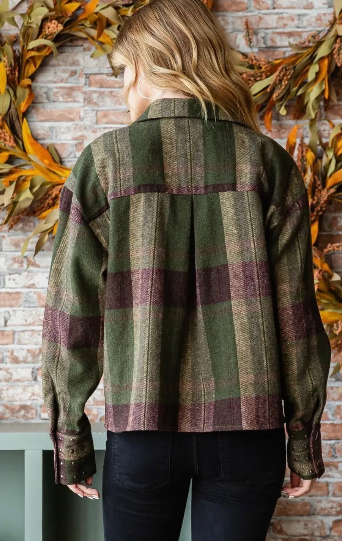 Plaid Stud Cuff Shirt Jacket in Olive