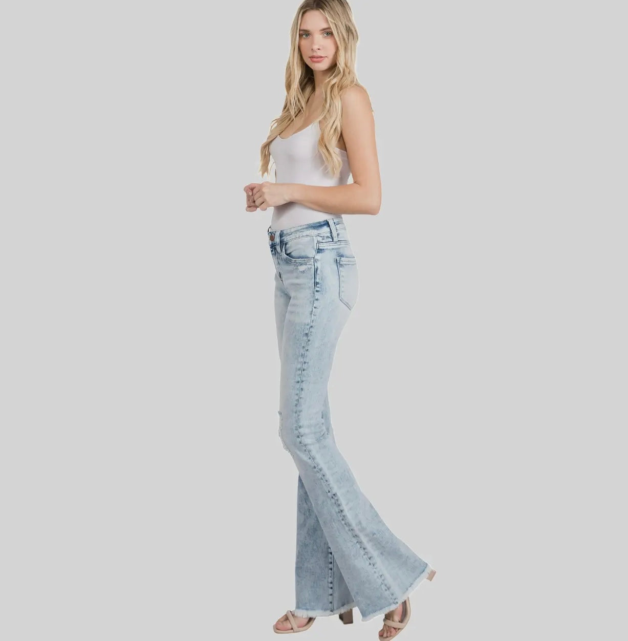 Petra153 Distressed Mid Rise Stretch
Flare Jeans