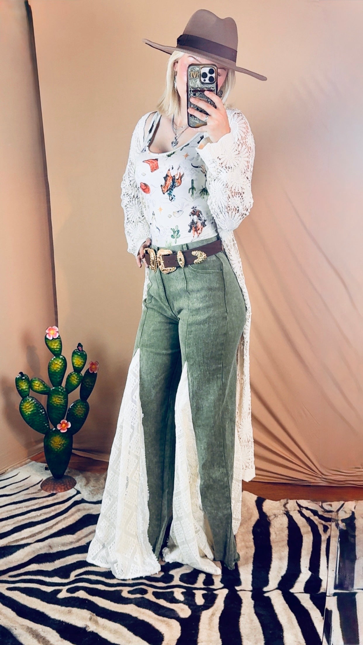 Lace Detail Wide Leg Jeans in Olive