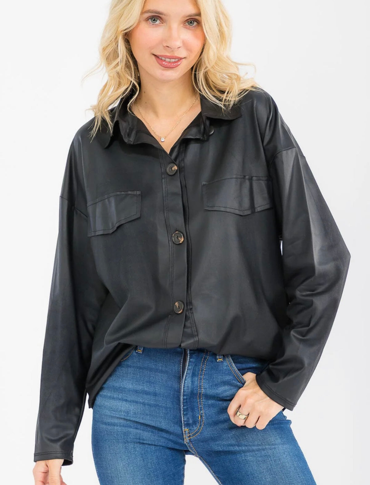 Pleather Button Up Blouse
