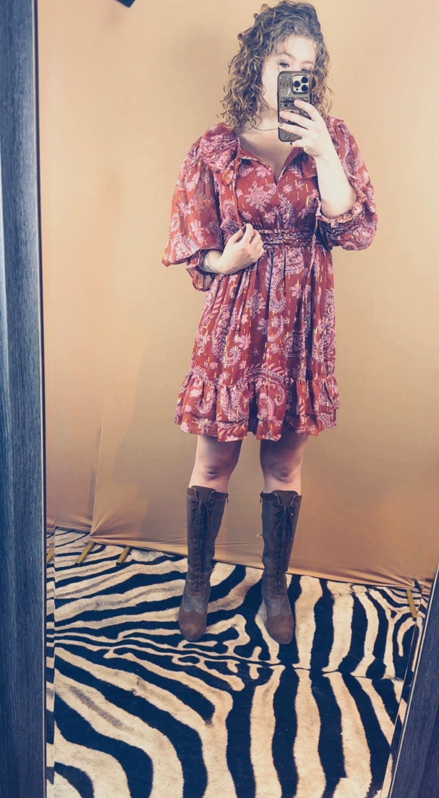 Angie Lurex Chiffon Long Sleeve
Dress with Smocked Waist