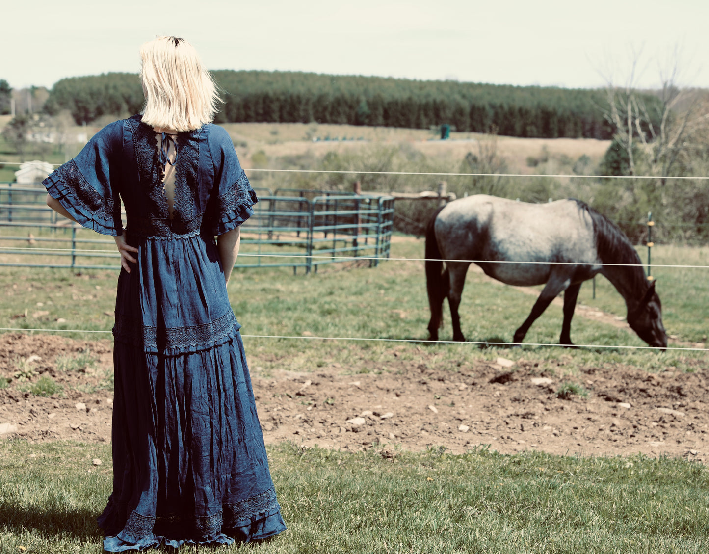 Navy V-Neck Lace Trim Maxi Dress