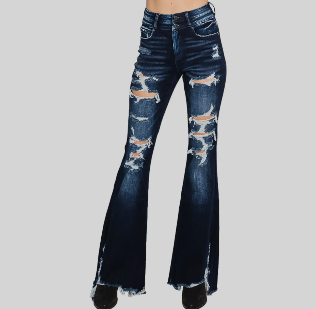 Petra153 Distressed High Rise Flare
Jeans with Frayed Hem