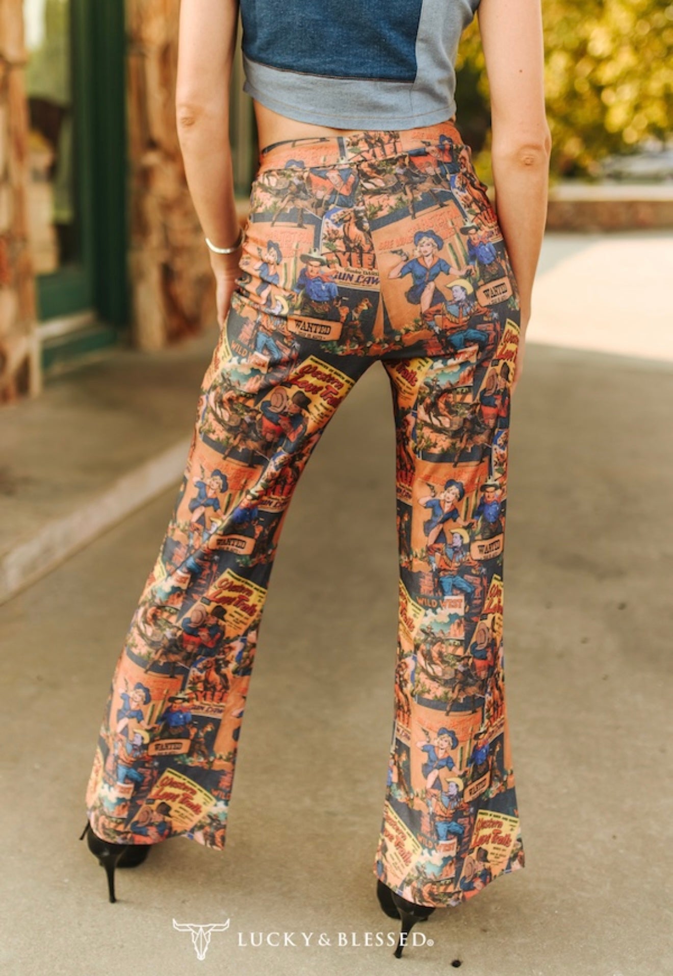 Vintage Cowgirl Print Flare Pants