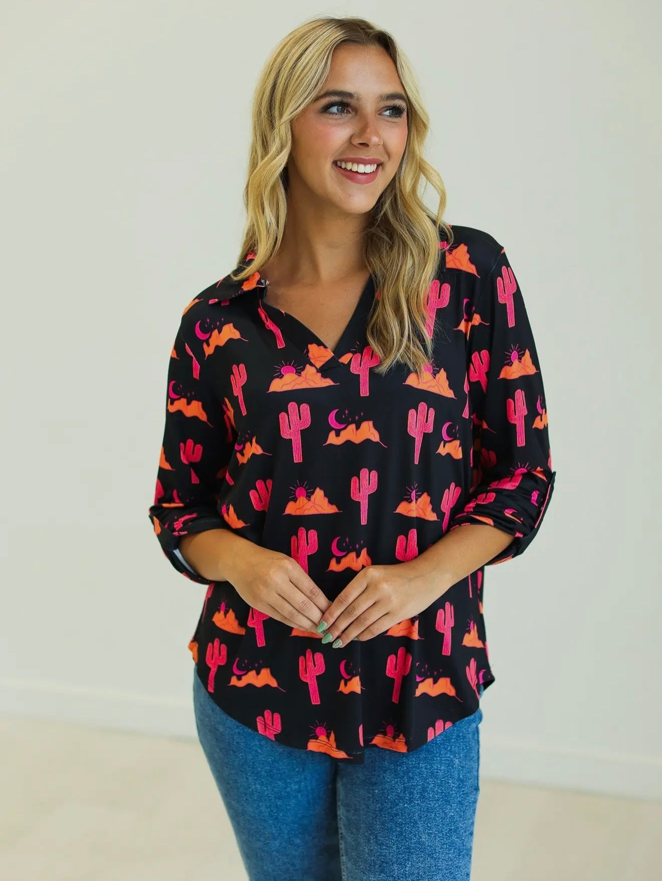 Gemma V-Neck Top, Desert Sunset