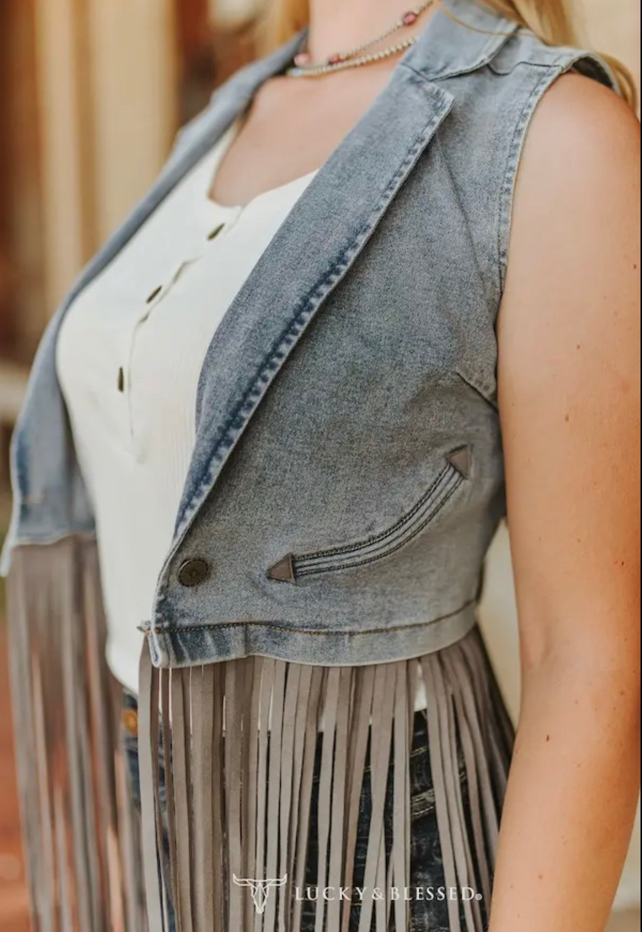 Stone Wash Denim Fringe Denim Vest