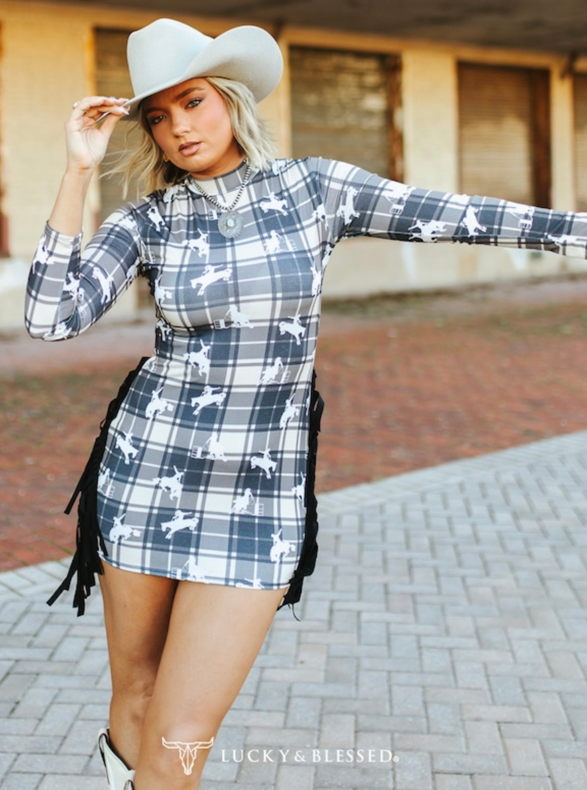 PLAID COWGIRL PRINTED LONG SLEEVE DRESS W SIDE FRINGE