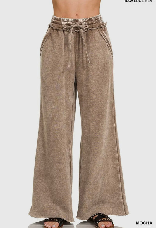 Zenana Acid Wash Fleece Palazzo Sweatpants with Pockets in Mocha