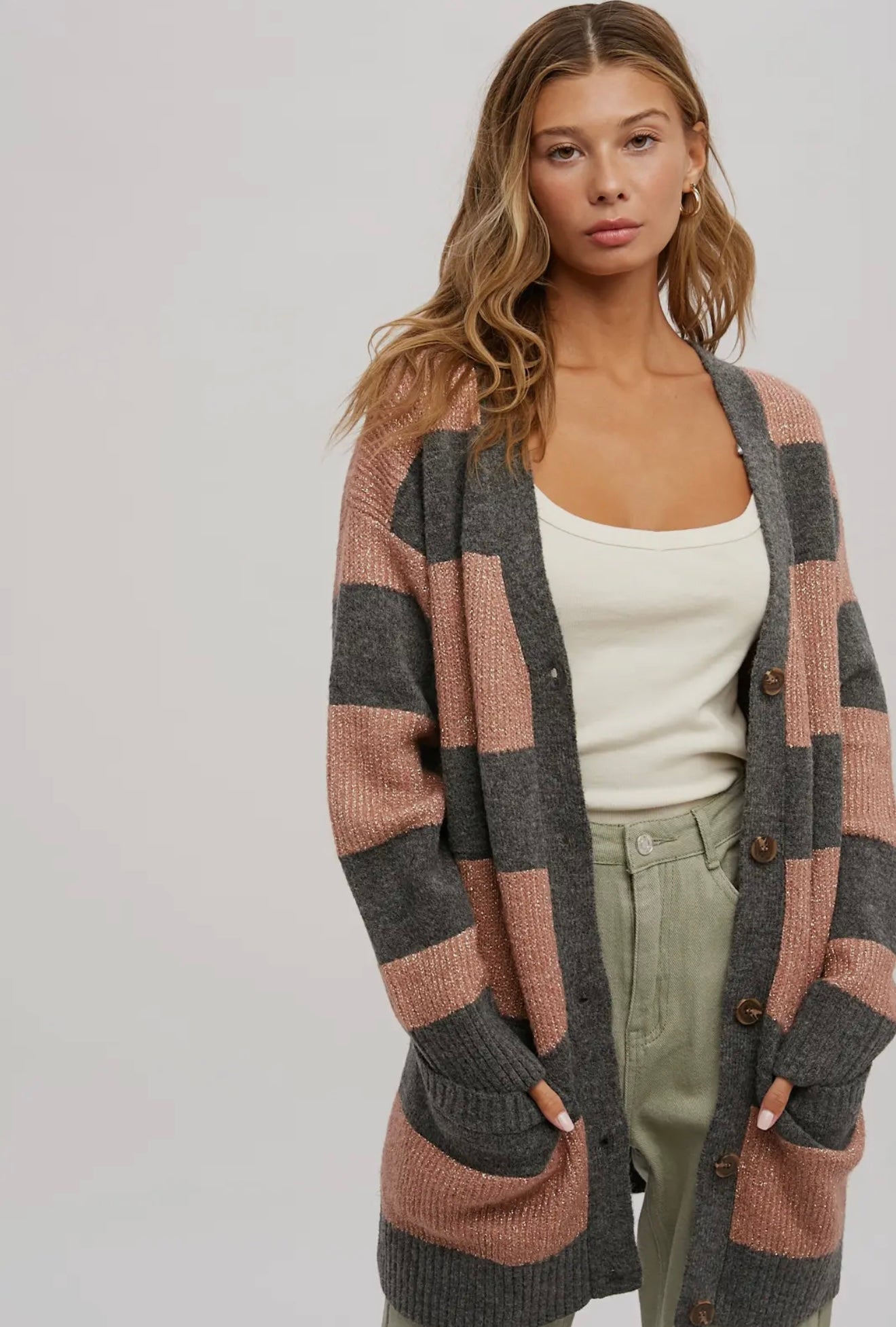 Lurex Color Block Button Front Cardigan