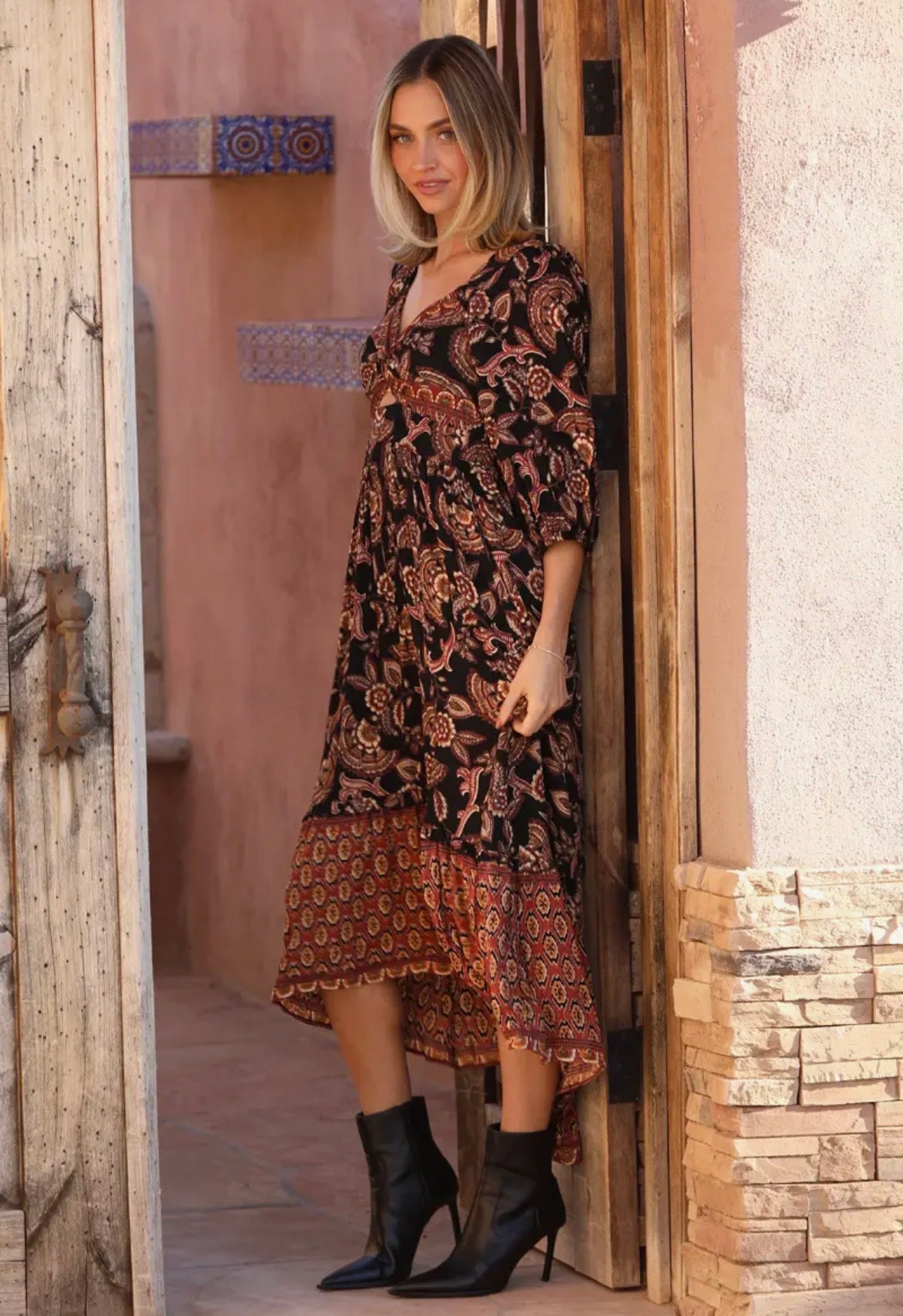 Angie V Neck Twist Front Half
Sleeve Maxi Dress W Slit
