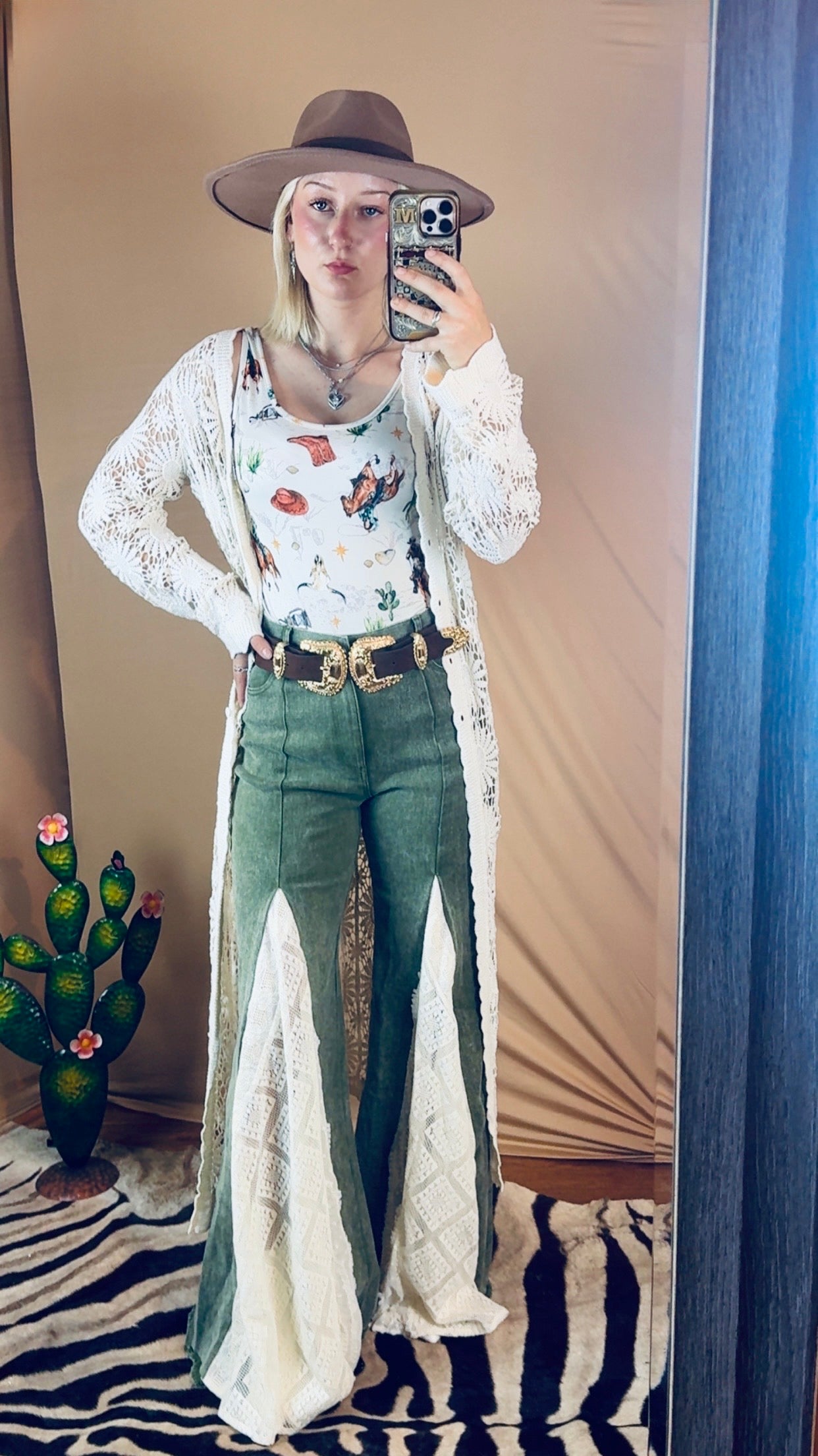 Lace Detail Wide Leg Jeans in Olive