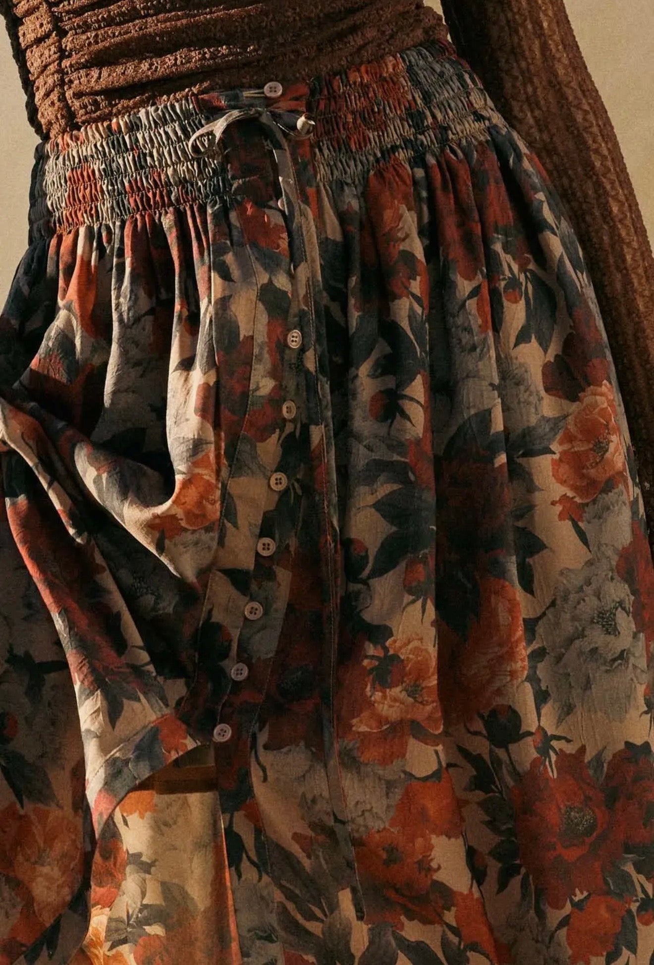 Floral-Print Drawstring Button-Front
Maxi Skirt