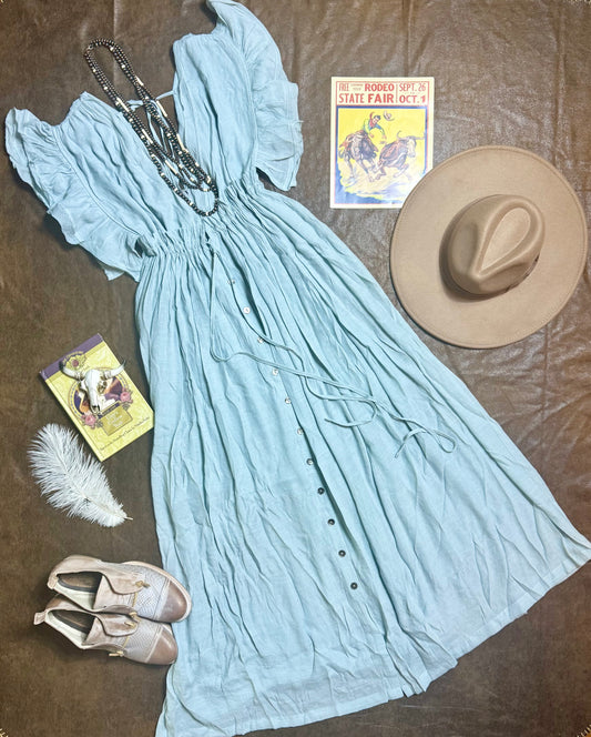 Misty Blue Deep V Neckline Ruffle
Maxi Dress