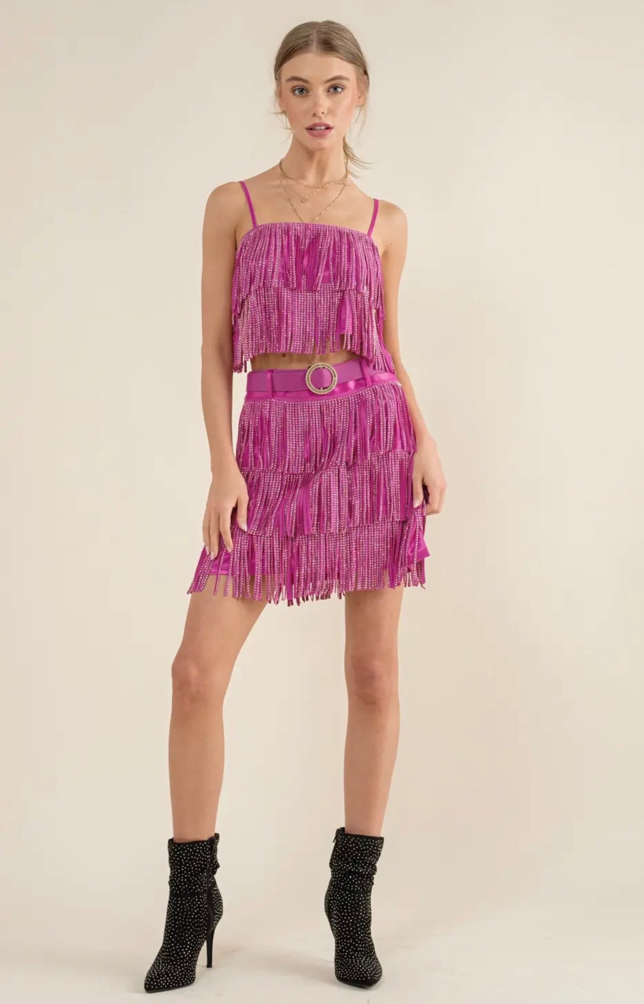 Satin Studded Fringe Sparkle
Ring Belted Mini Skirt