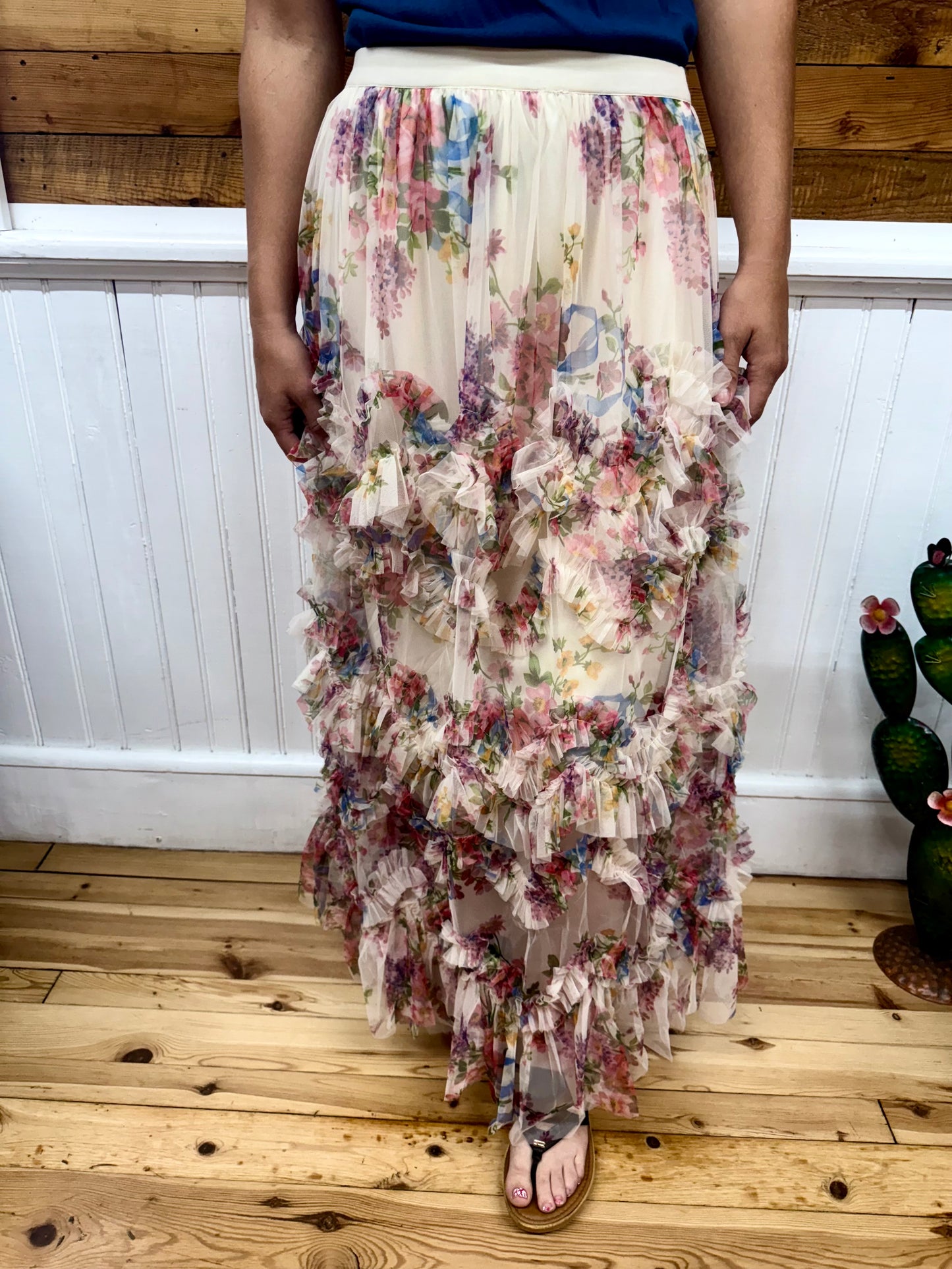 Floral Ruffled Mesh Midi Skirt