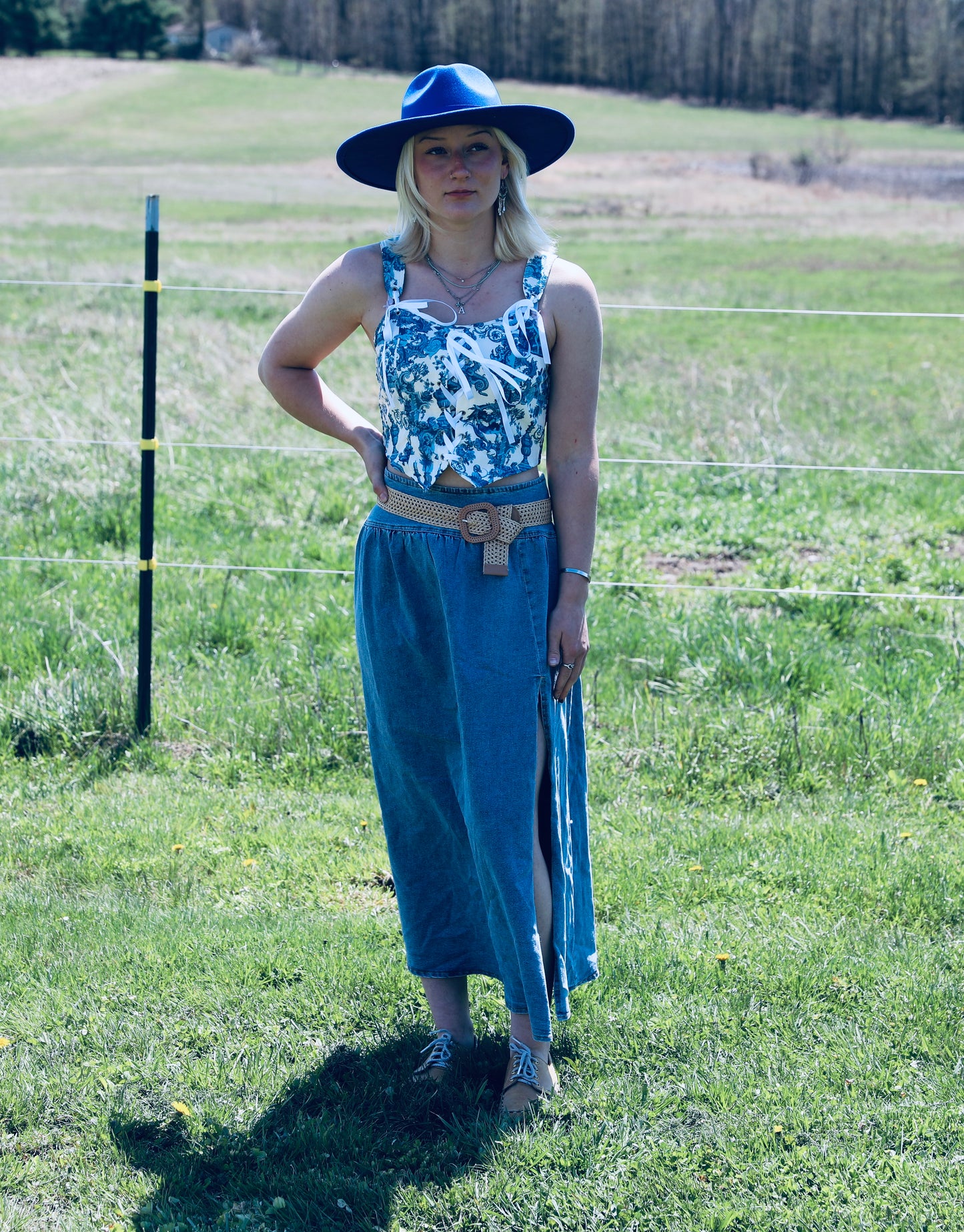 Midi Denim Skirt with Center Thigh Slit
