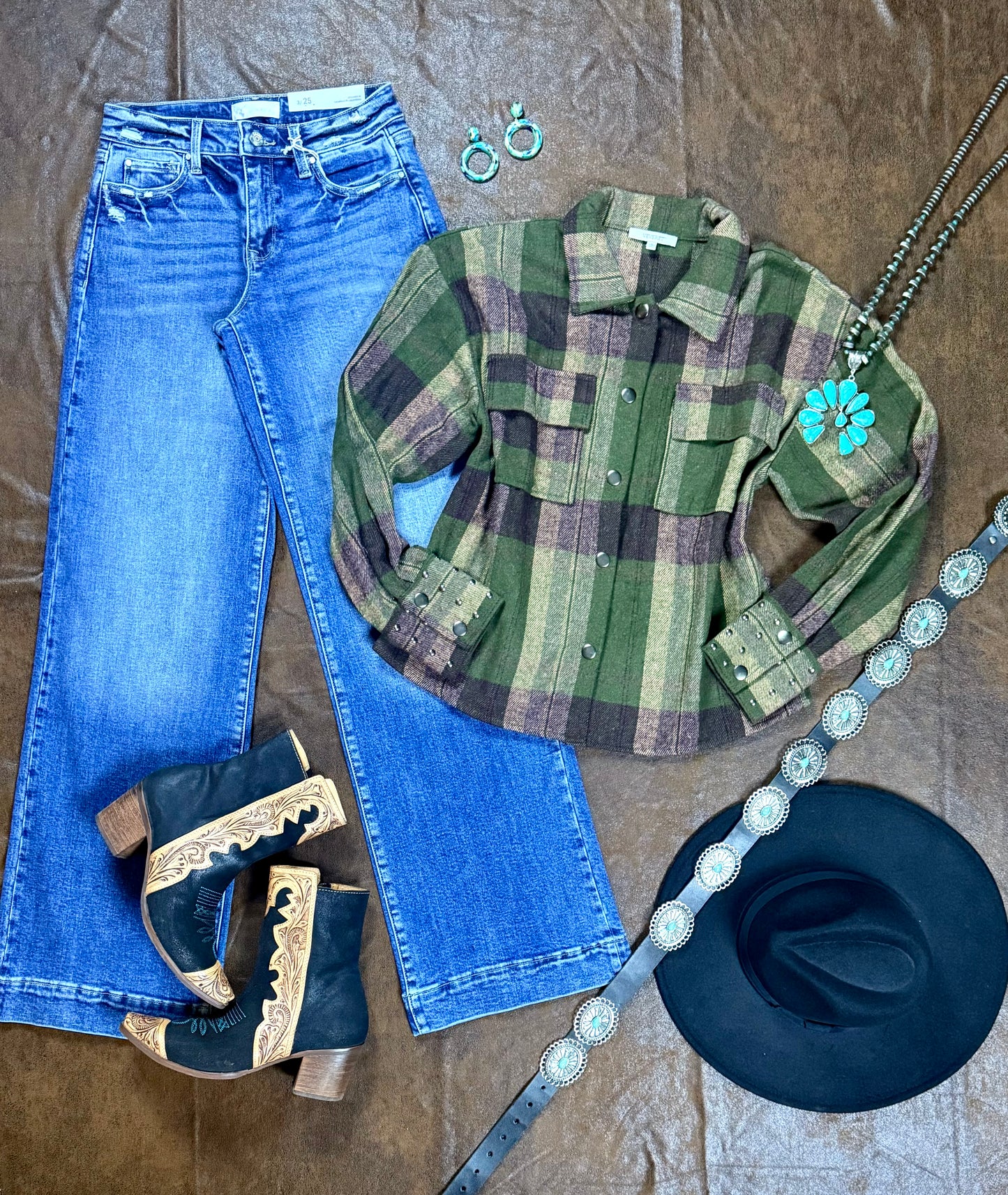 Plaid Stud Cuff Shirt Jacket in Olive