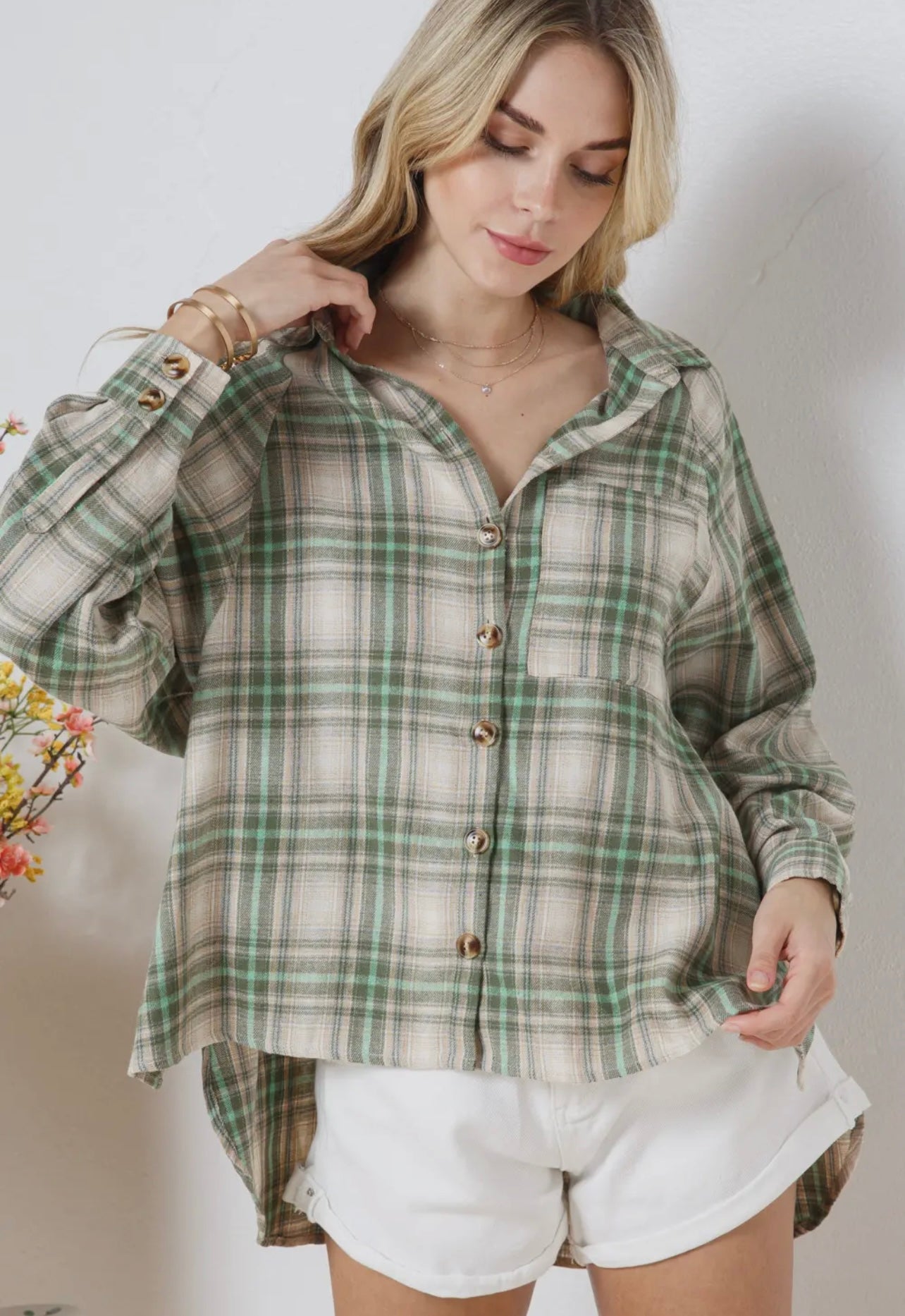 Olive Green Plaid Oversized Button Up Boyfriend Shirt