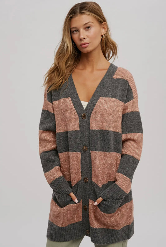 Lurex Color Block Button Front Cardigan