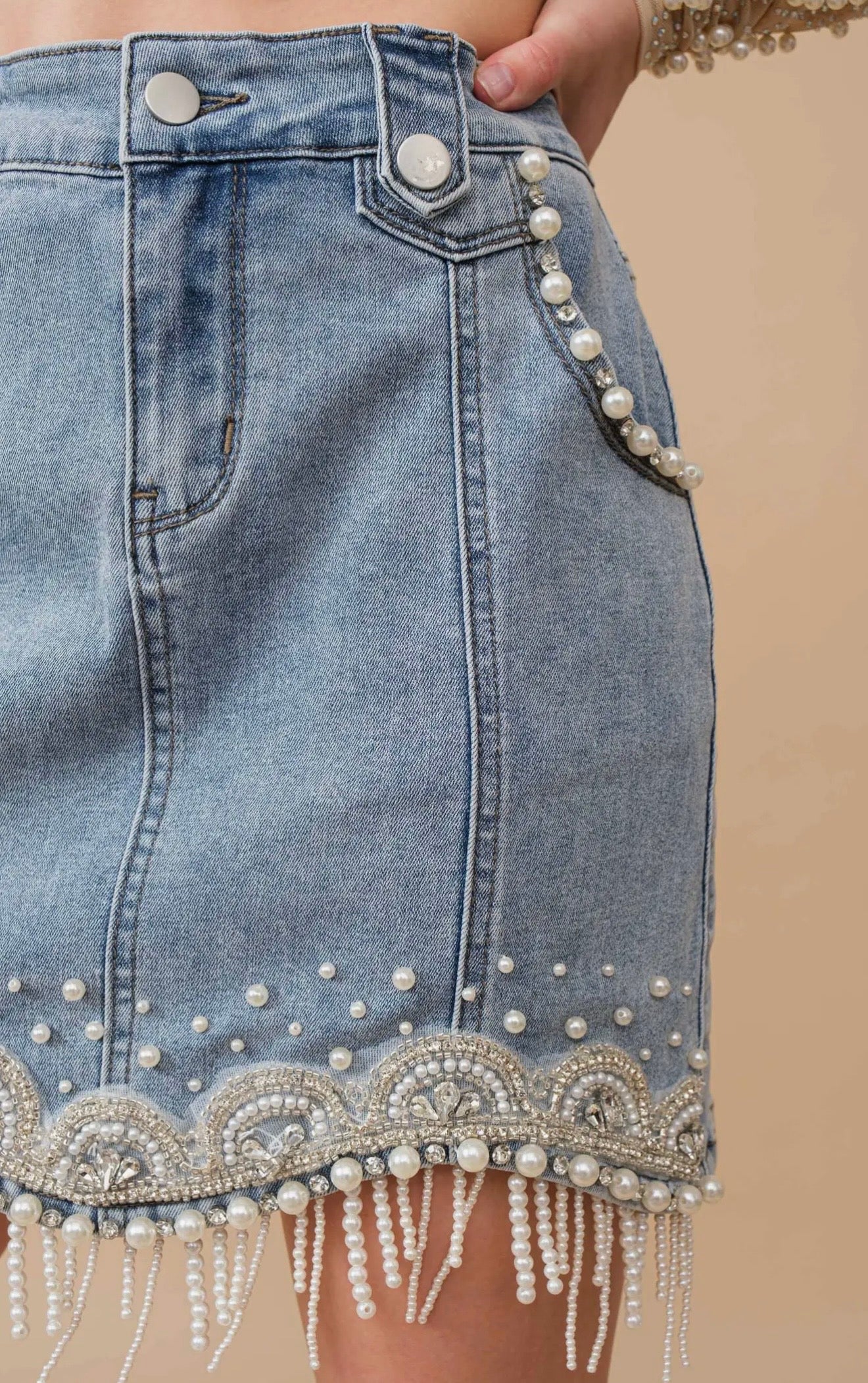 Stretch Denim Embellished Pearl
Fringe Mini Skirt