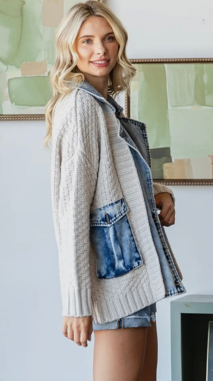 Knit Body Denim Layerd Jacket