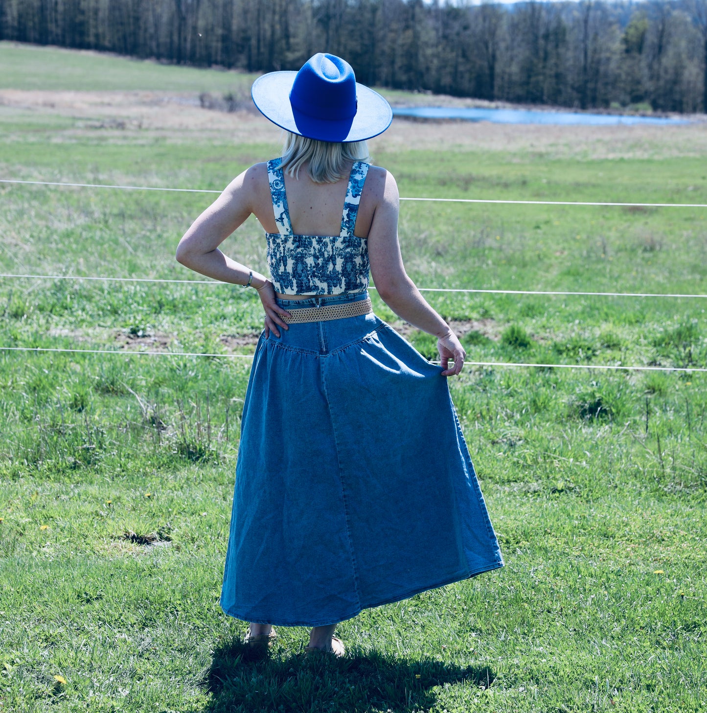 Midi Denim Skirt with Center Thigh Slit