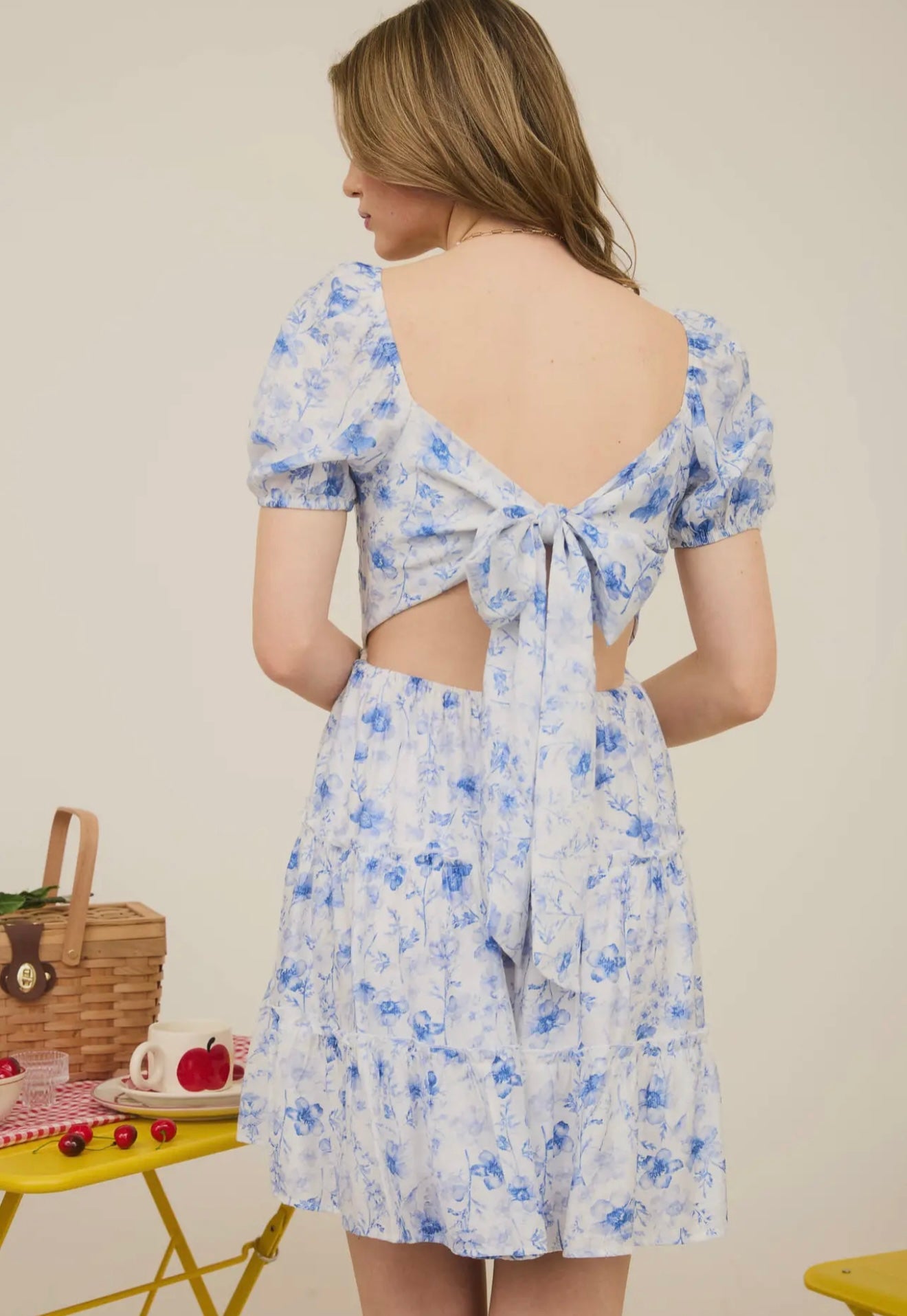 Blue Floral Open Back with Tie Tiered
Mini Dress
