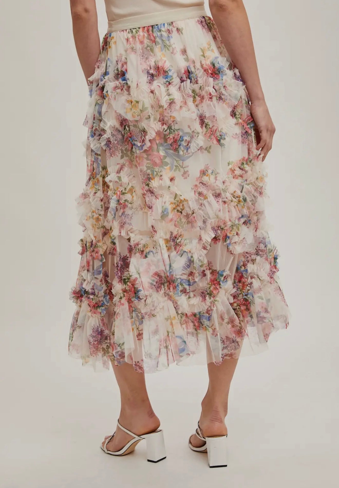 Floral Ruffled Mesh Midi Skirt