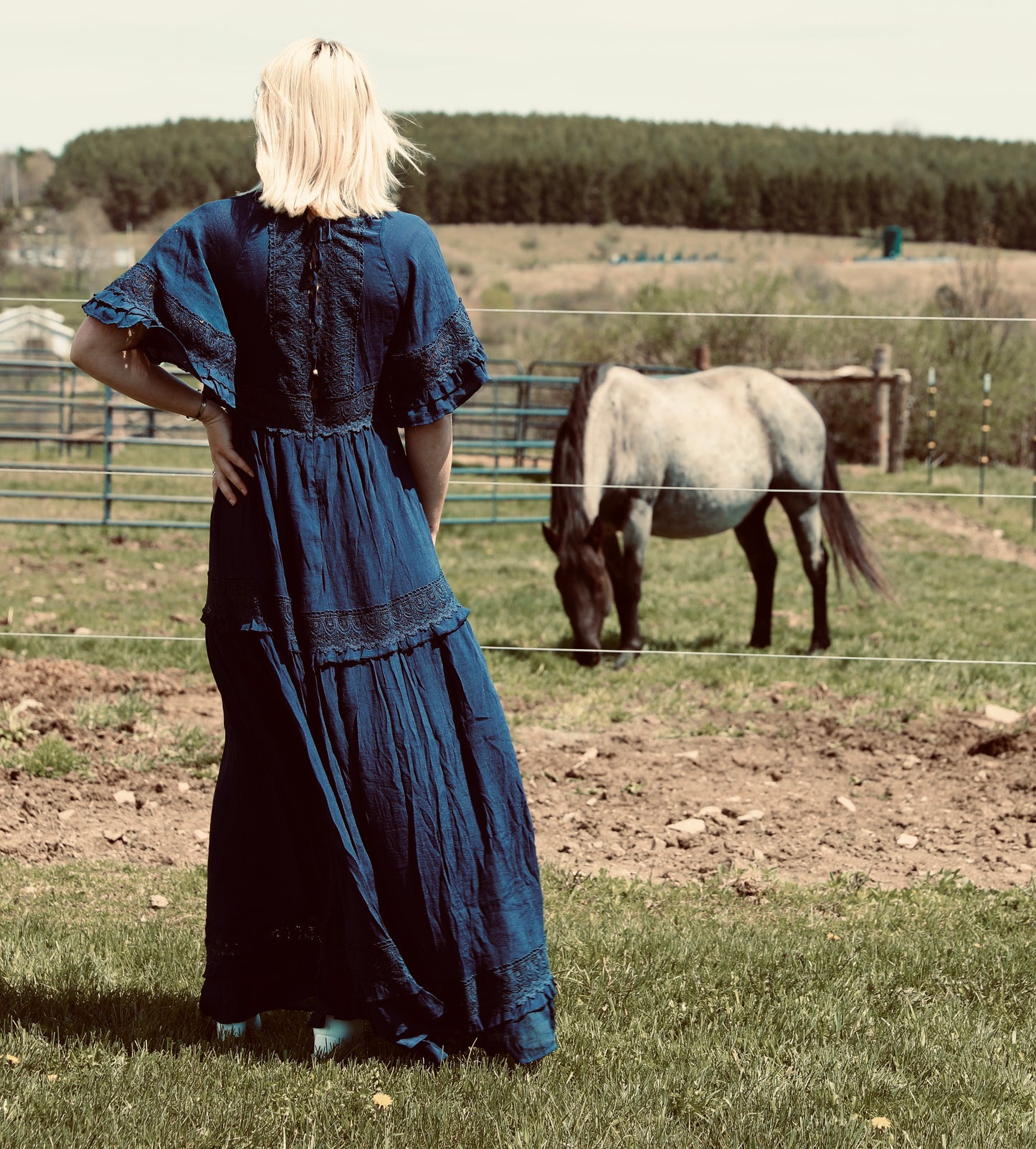 Navy V-Neck Lace Trim Maxi Dress