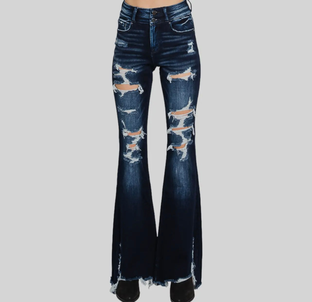 Petra153 Distressed High Rise Flare
Jeans with Frayed Hem