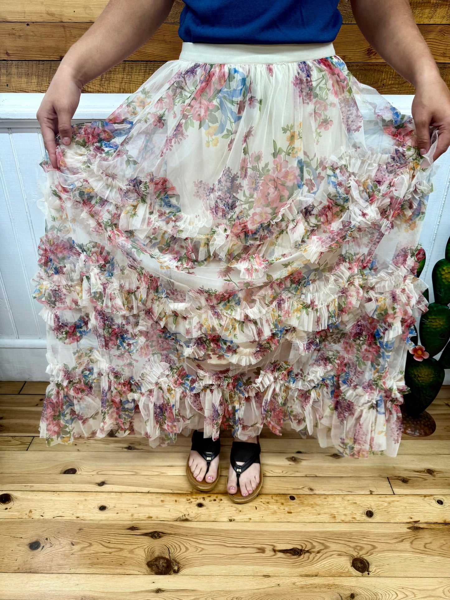 Floral Ruffled Mesh Midi Skirt