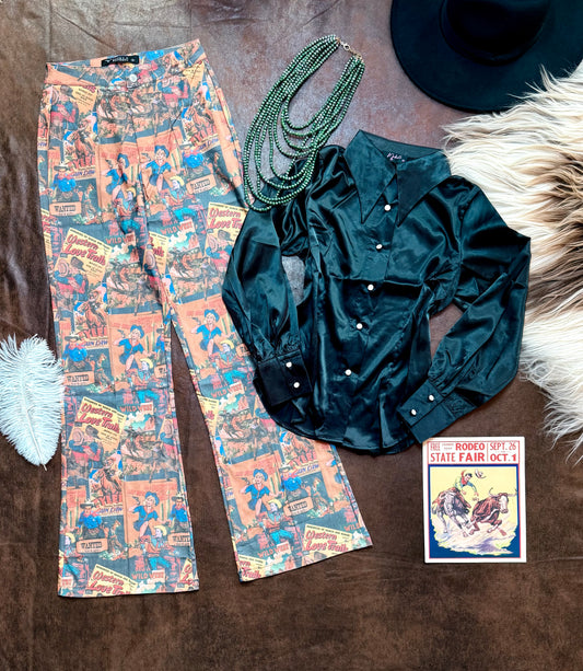 Vintage Cowgirl Print Flare Pants