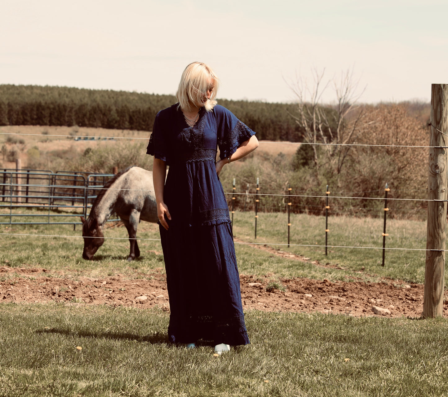 Navy V-Neck Lace Trim Maxi Dress