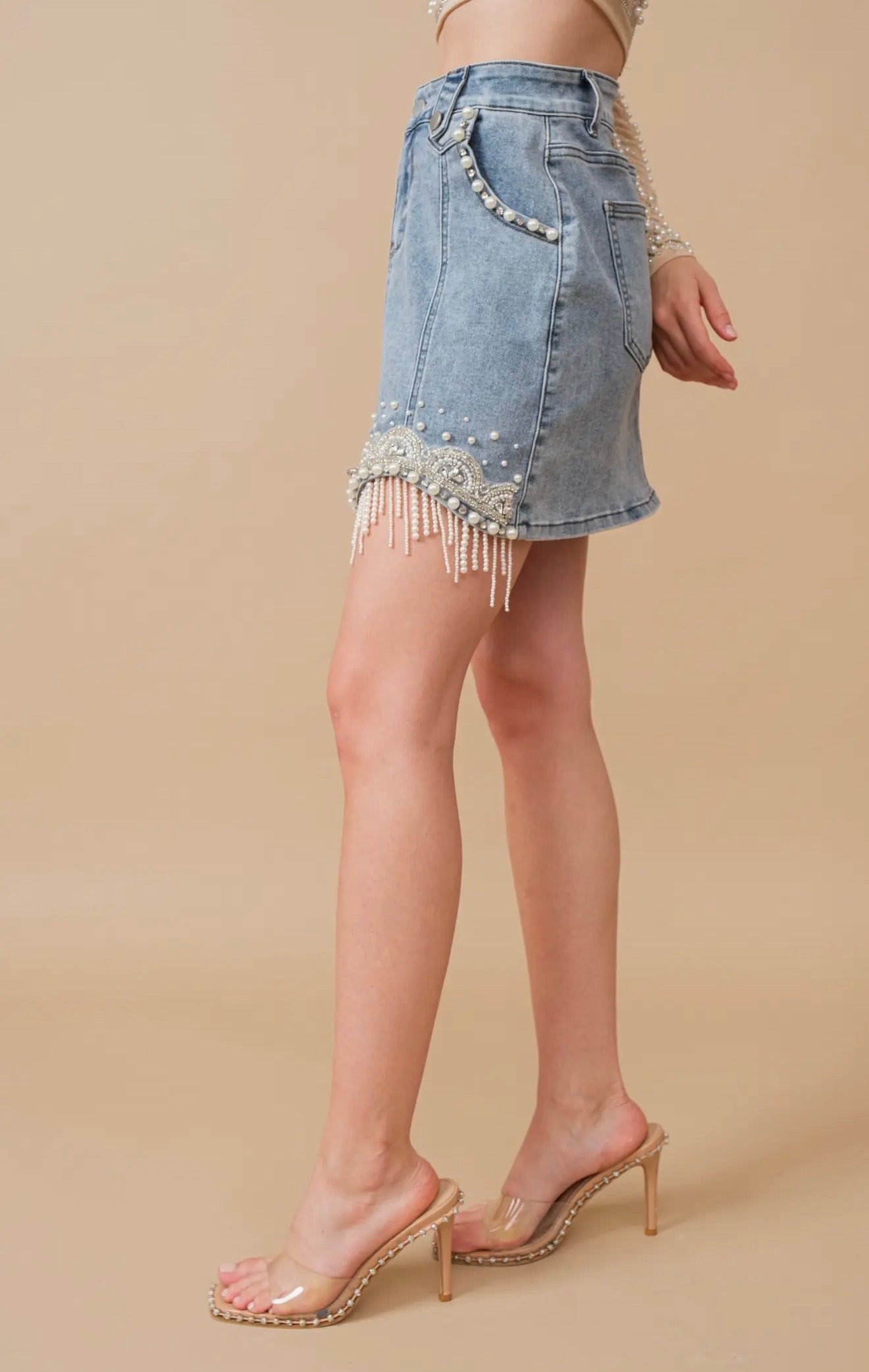 Stretch Denim Embellished Pearl
Fringe Mini Skirt