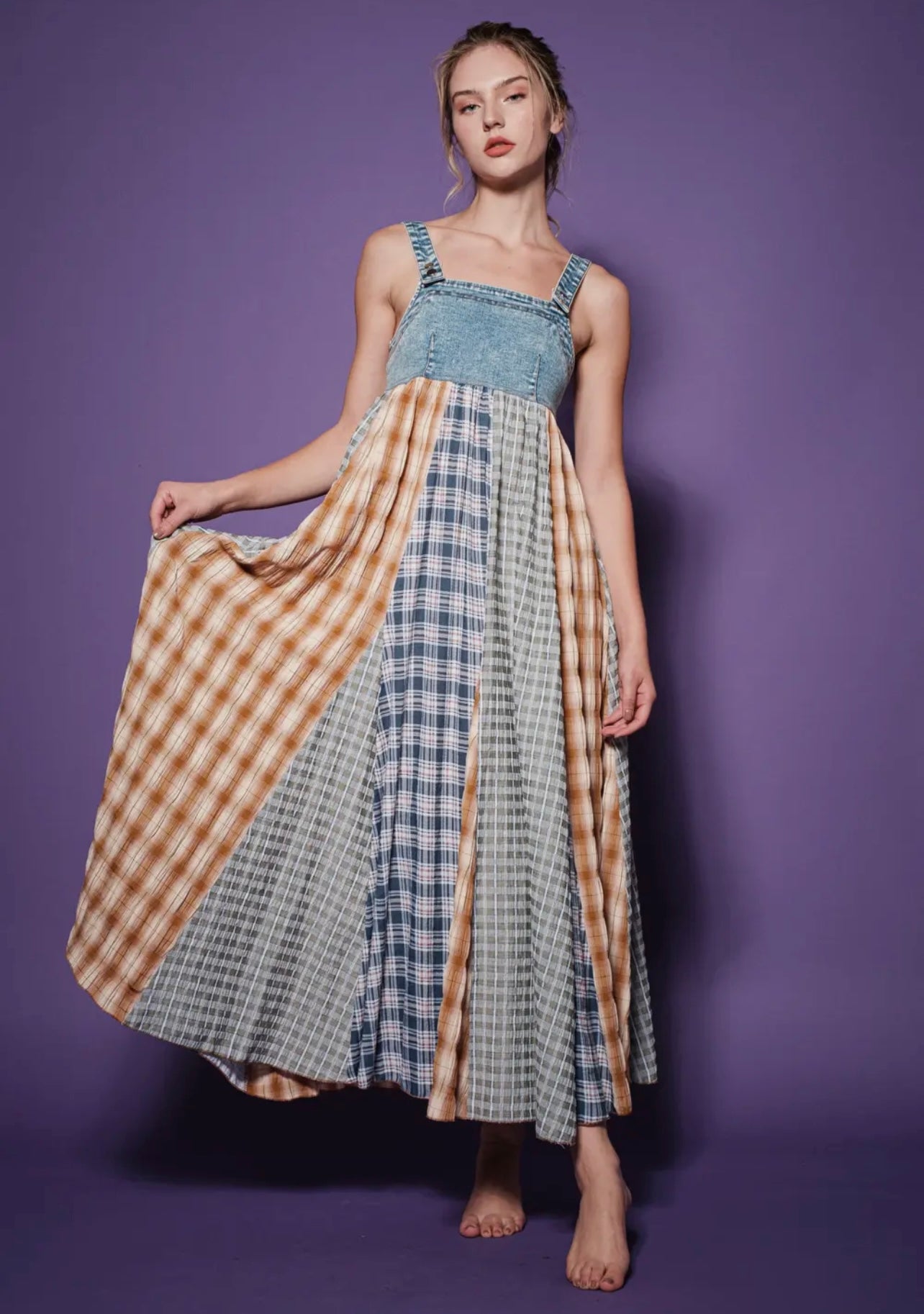 Denim Multi Fabric Pleated Suspender Dress