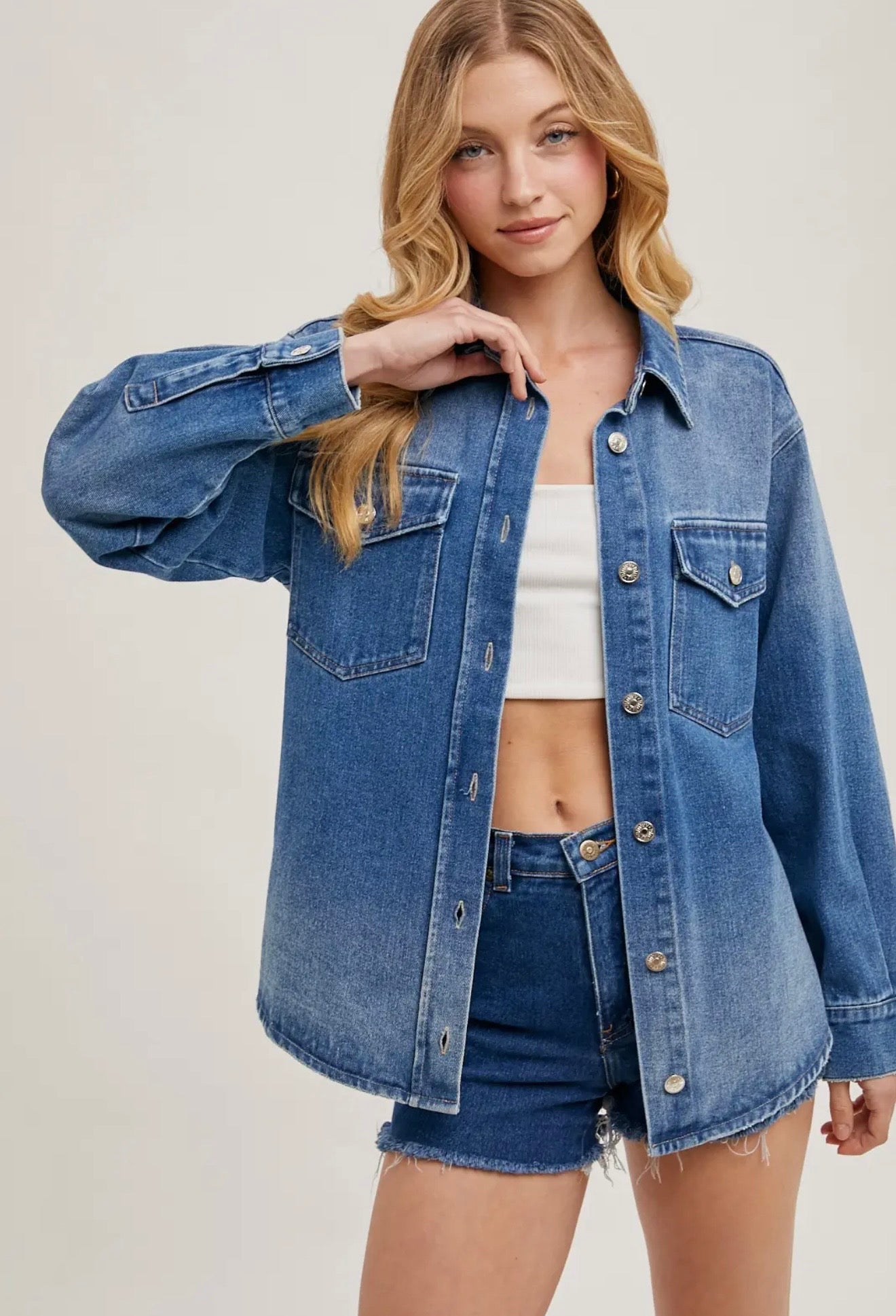 Washed Denim Button Down Shirt Jacket