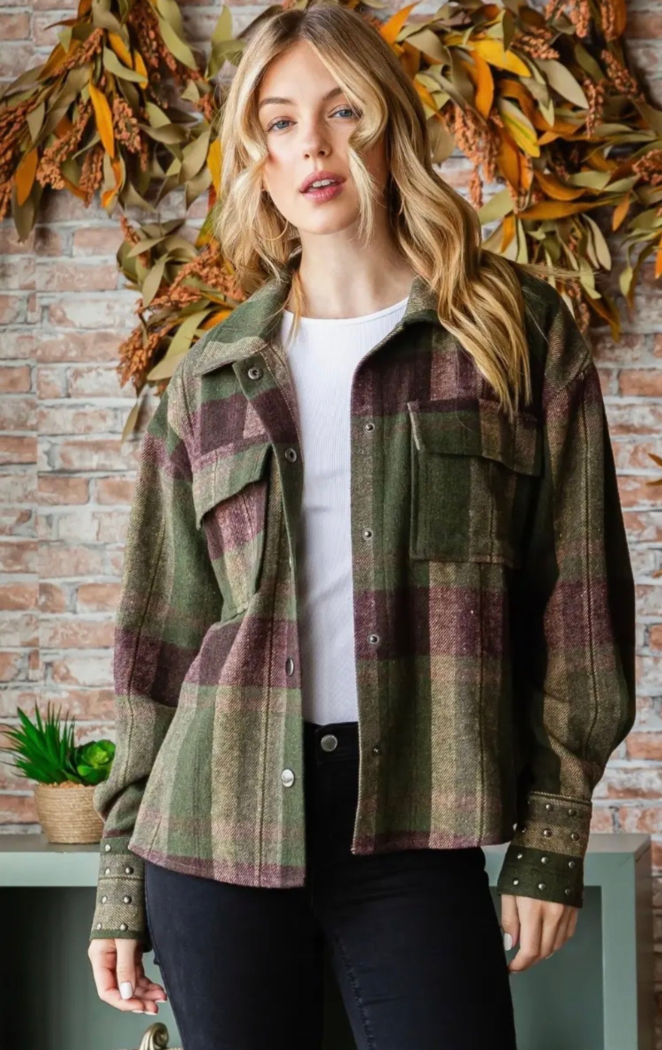 Plaid Stud Cuff Shirt Jacket in Olive