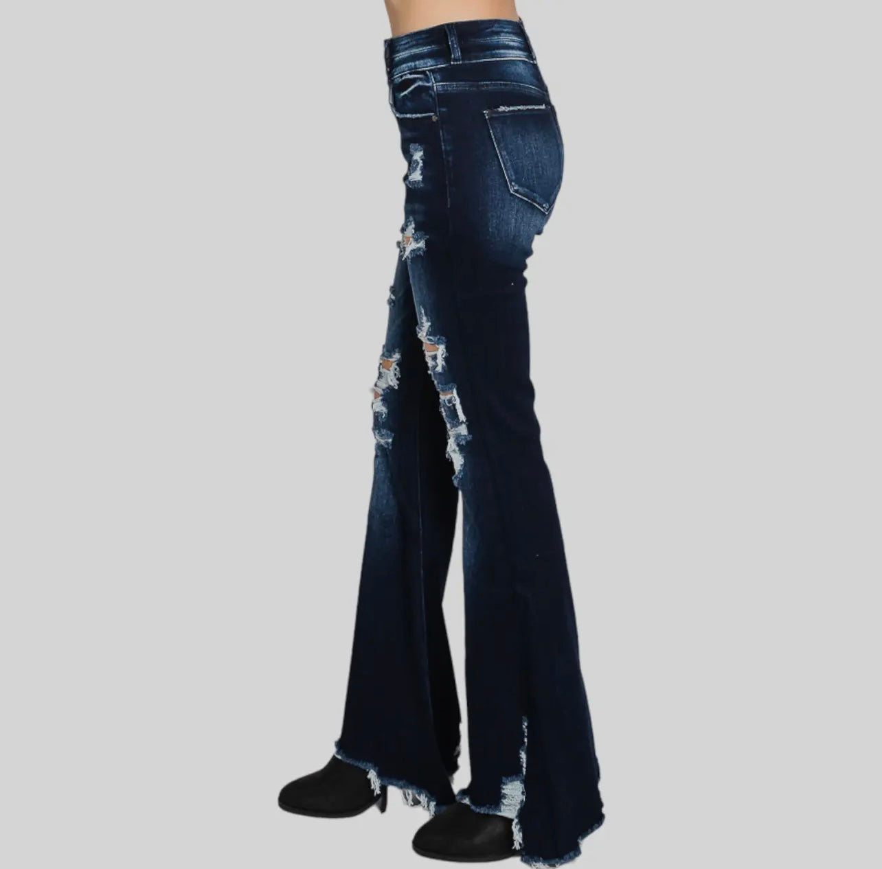 Petra153 Distressed High Rise Flare
Jeans with Frayed Hem