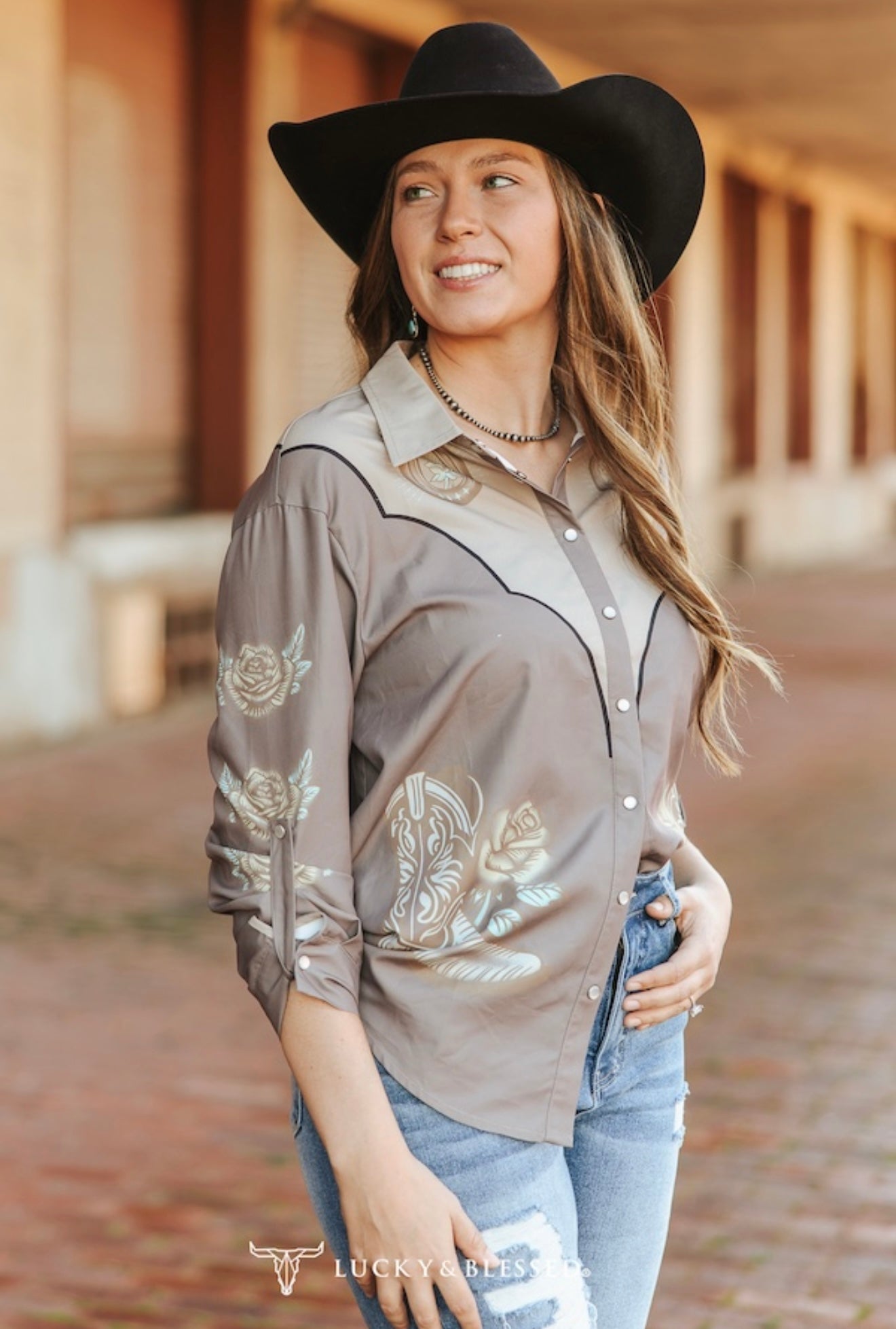 Taupe Western Printed Pearl Snap Button Down Top