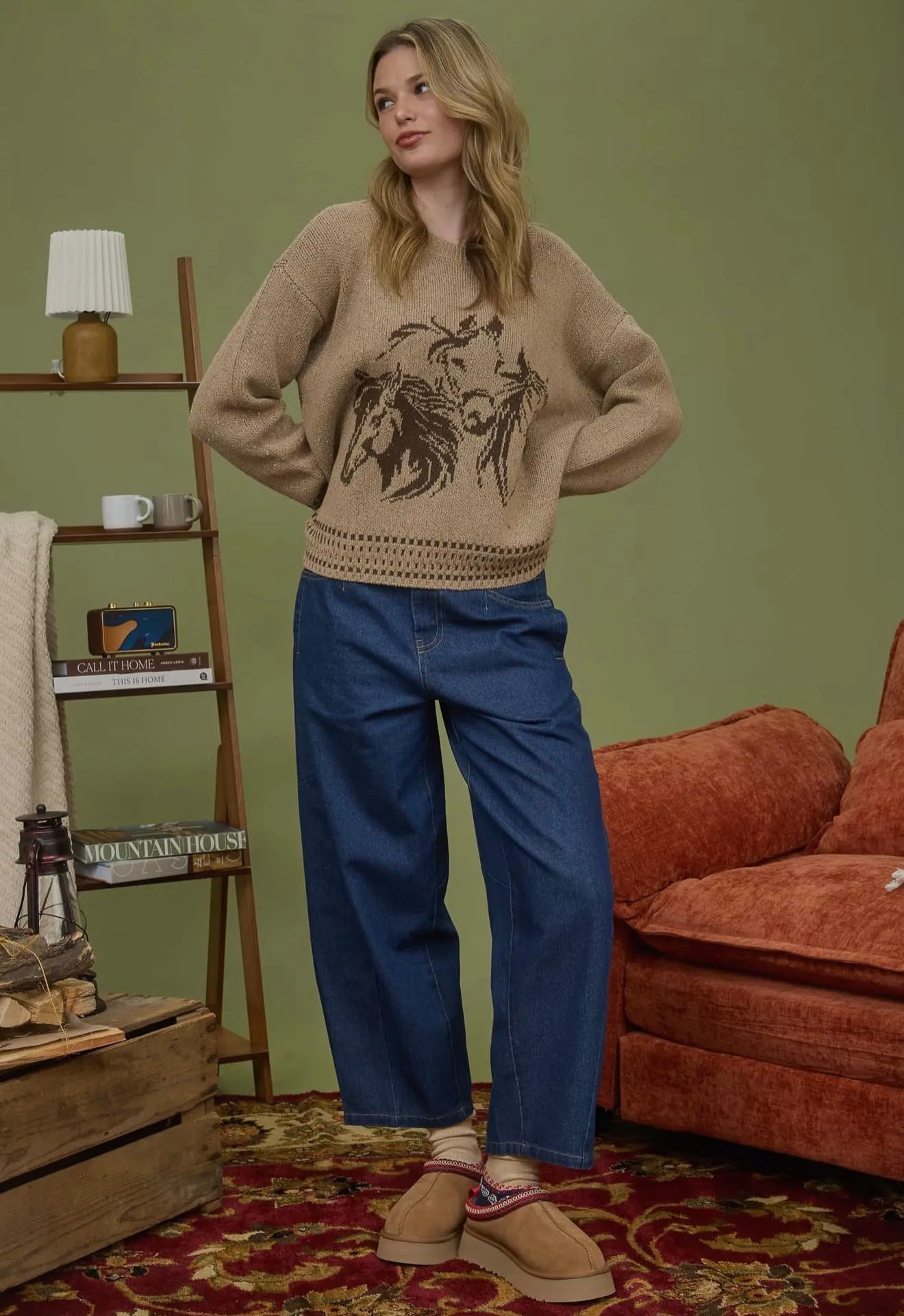 Horse Jacquard Long Sleeve Knit Sweater