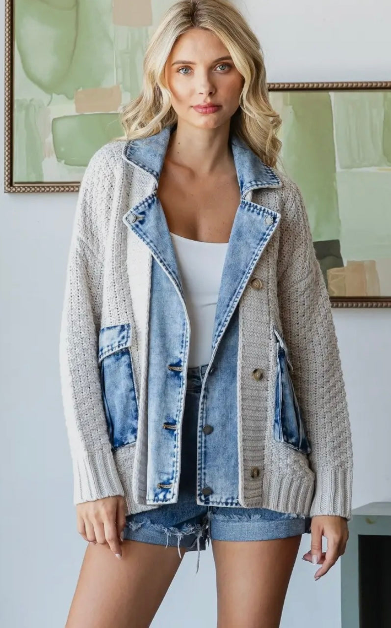 Knit Body Denim Layerd Jacket