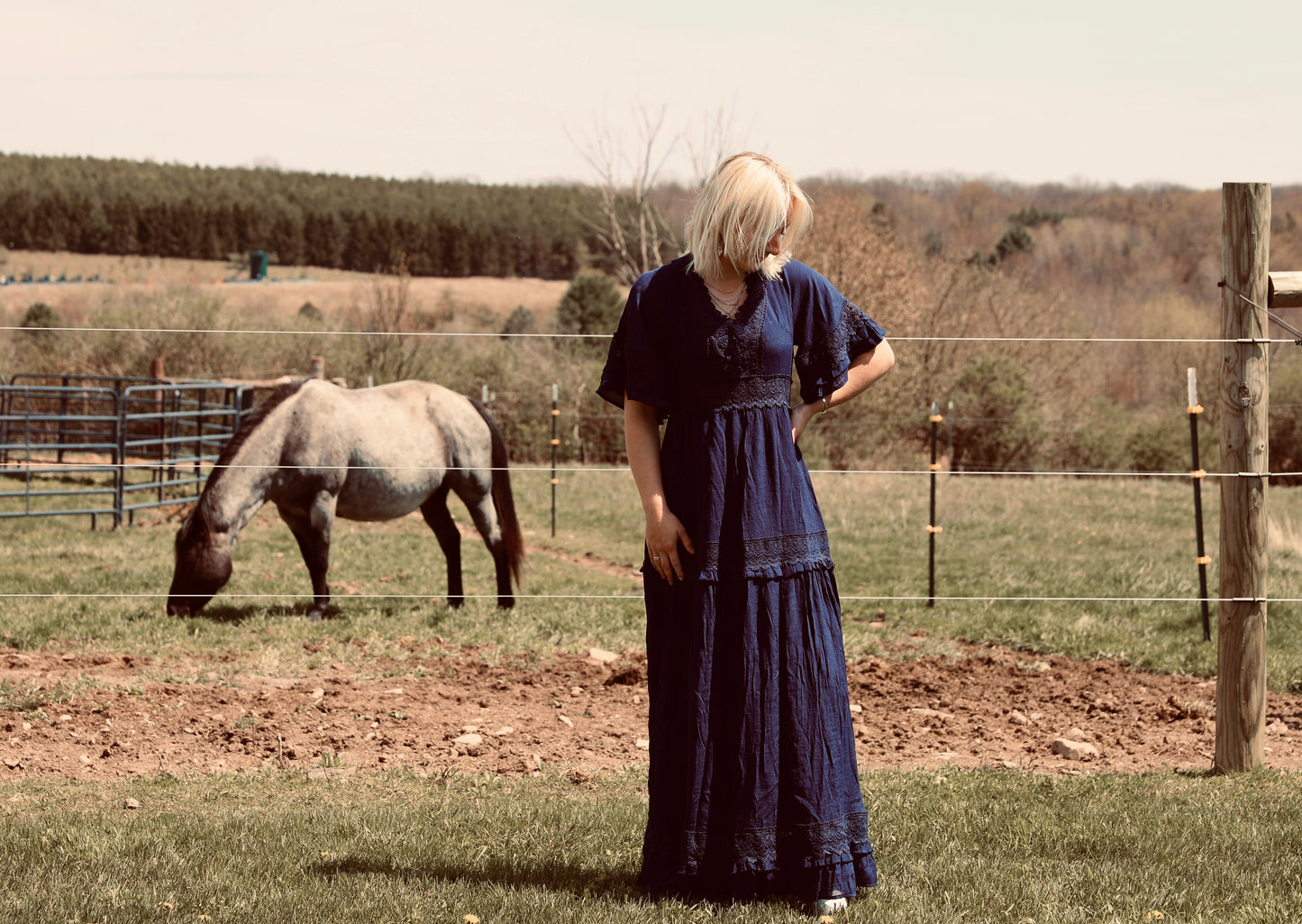 Navy V-Neck Lace Trim Maxi Dress