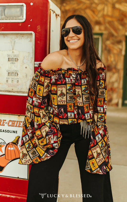 VINTAGE COLLAGE WESTERN CHIFFON OFF THE SHOULDER TOP