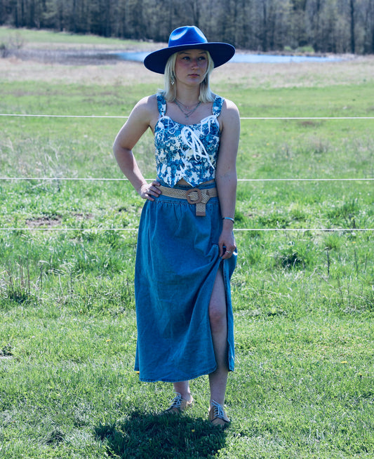 Midi Denim Skirt with Center Thigh Slit