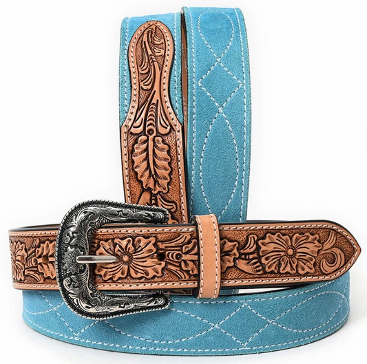 American Darling Turquoise Suede Western Belt - Hand-Tooled Leather Inlay with Engraved Buckle
