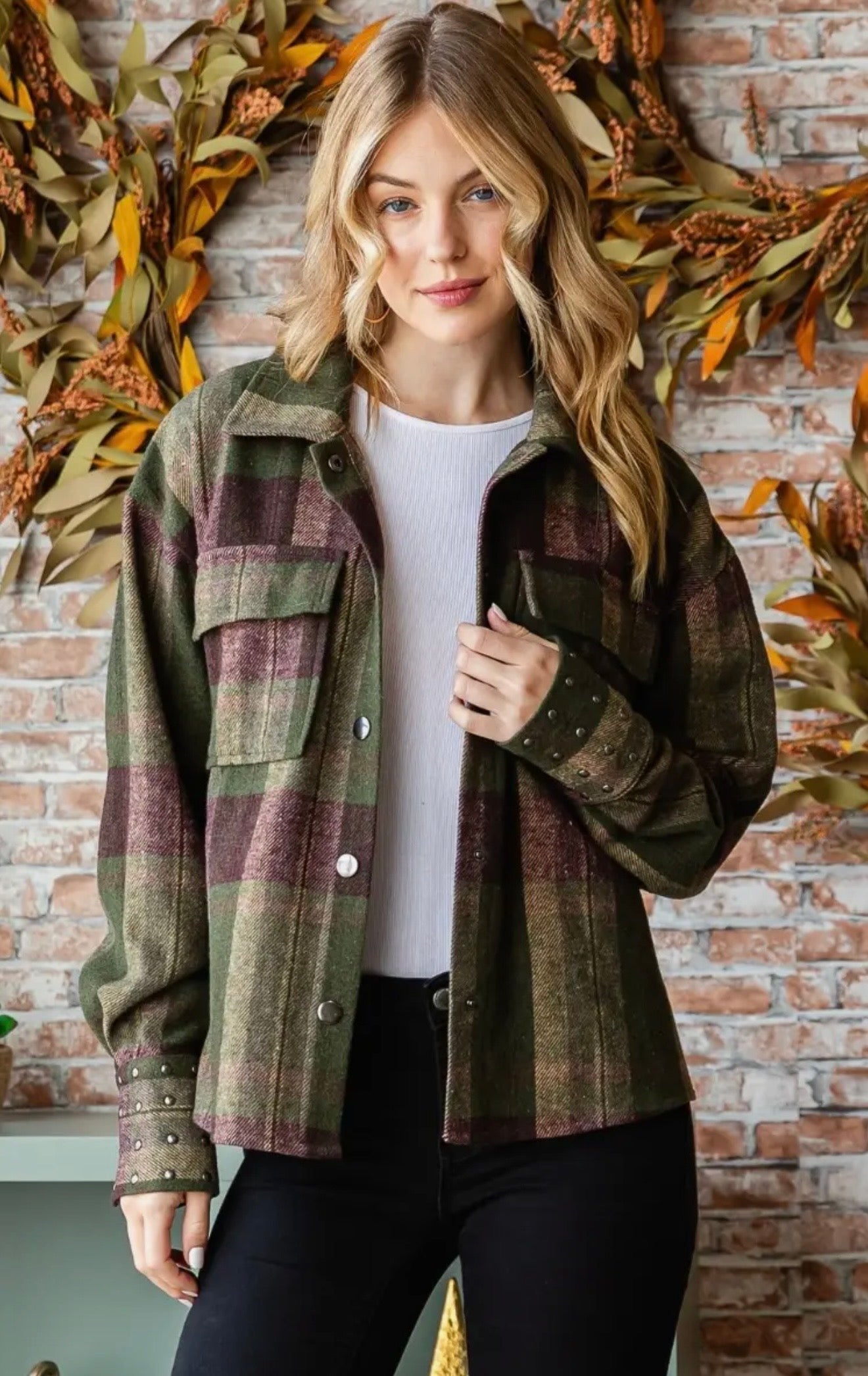 Plaid Stud Cuff Shirt Jacket in Olive