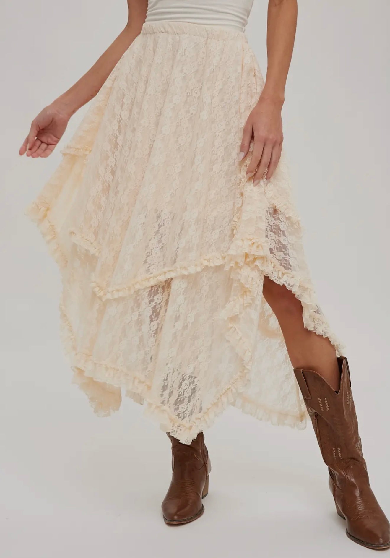 Ecru Lace Tier Midi Skirt