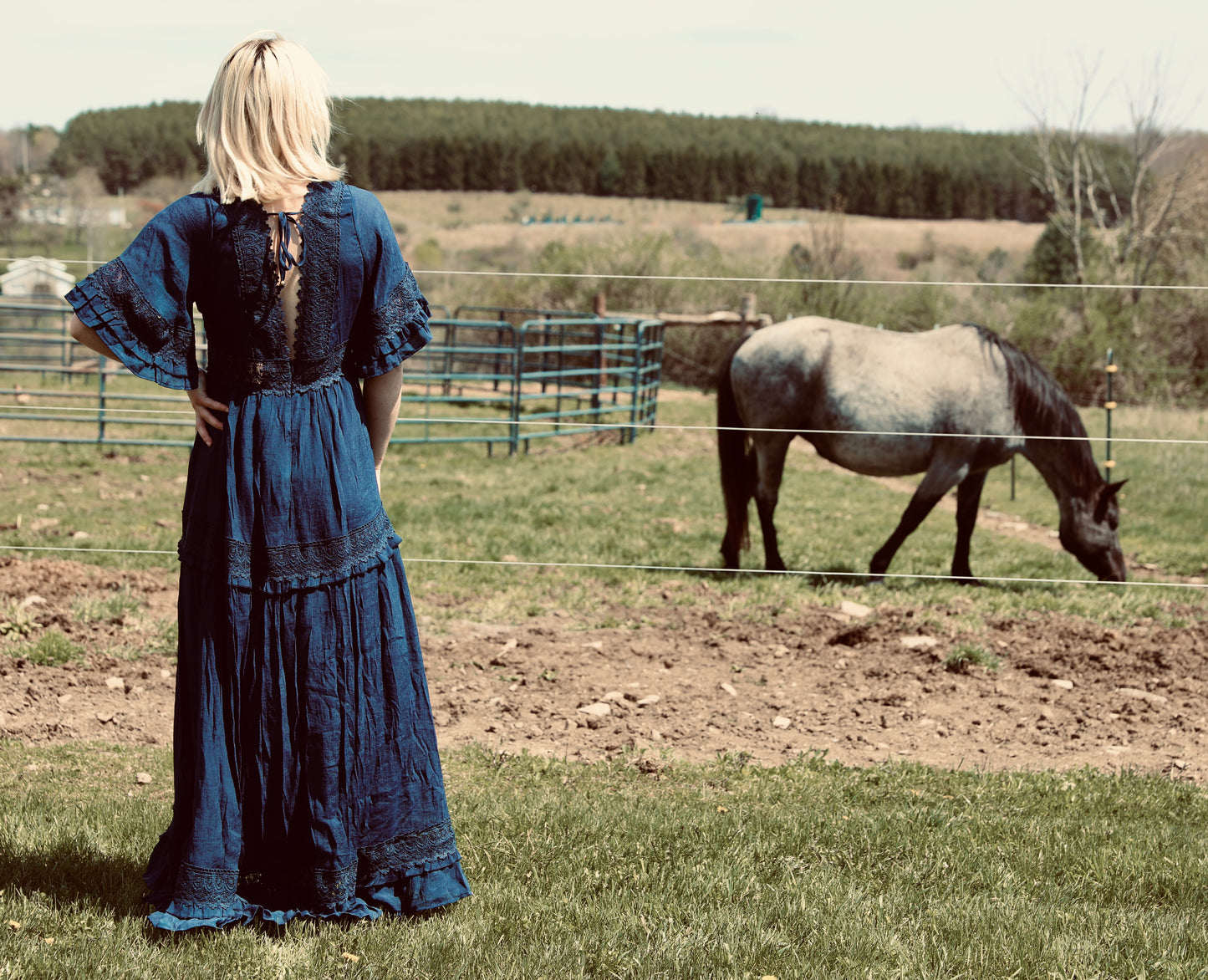 Navy V-Neck Lace Trim Maxi Dress